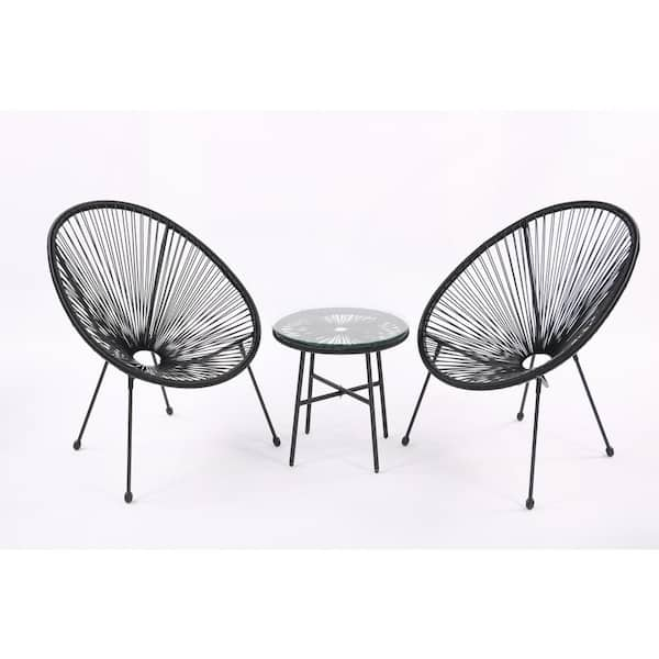 Unbranded Acapulco Black 3-Piece PE Wicker Flexible Rope Patio Conversation Set with Coffee Table for Garden, Backyard, Balcony