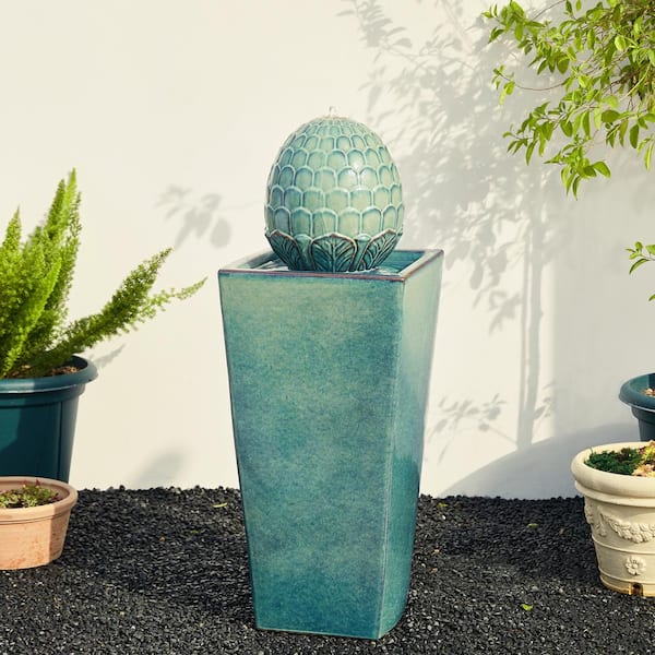 Glitzhome 35.75 in. H Oversized Turquoise Artichoke Pedestal Ceramic Fountain with Pump and LED Light (KD)