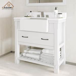 36 in. W x 21 in. D x 35 in. H Single Sink Freestanding Bath Vanity in White with White Quartz Top [Free Faucet]
