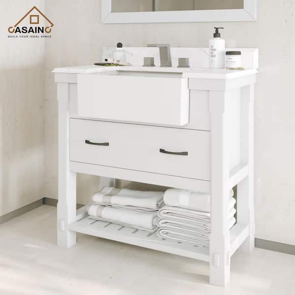 CASAINC 36 in. W x 21 in. D x 35 in. H Single Sink Freestanding Bath Vanity in White with White Quartz Top [Free Faucet]