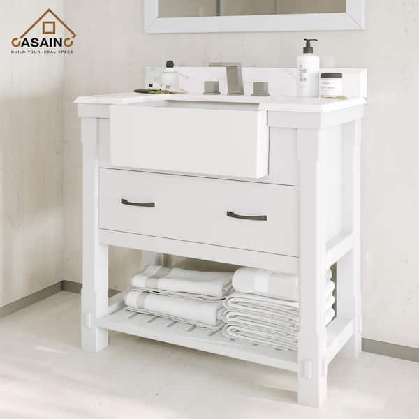 36 in. W x 21 in. D x 35 in. H Single Sink Freestanding Bath Vanity in White with White Quartz Top [Free Faucet]