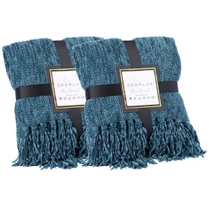 Navy Blue Chenille Pattern Design Set of 2 Decorative Knit Throw Blanket, 50x60 in, with Fringe Edges, easy care