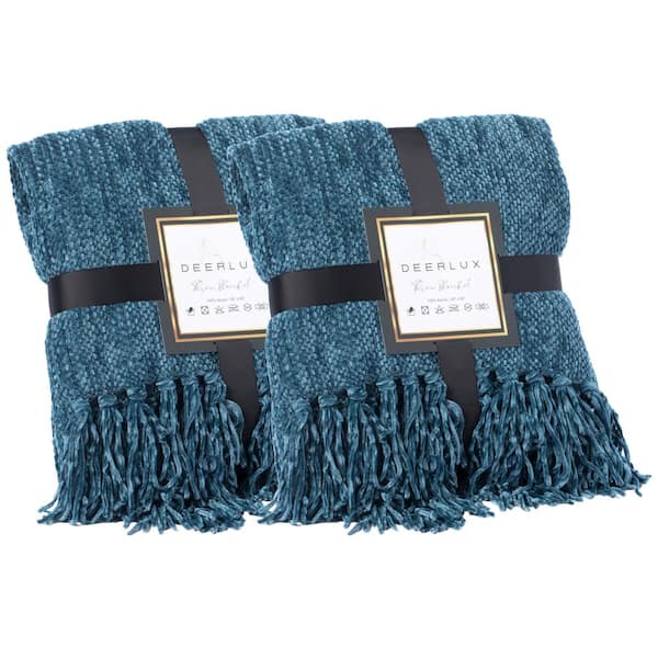 DEERLUX Navy Blue Chenille Pattern Design (Set of 2 Decorative Knit Throw Blanket, 50 x 60 in. Fringe Edges, easy care