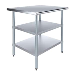 30 in. x 36 in. Stainless Steel Kitchen Utility Table with 2 Adjustable Shelves : Metal Prep Table