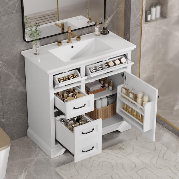 36 in. Freestanding White Solid Frame Bath Vanity Cabinet with White Ceramic Basin Top and 2 Different Size Flip Drawers