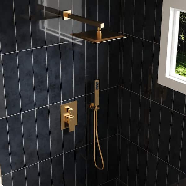 GRANDJOY Pressure Balance Single Handle 2-Spray Wall Mount 10 in. Tub and Shower Faucet 2.5 GPM in. Brushed Gold Valve Included