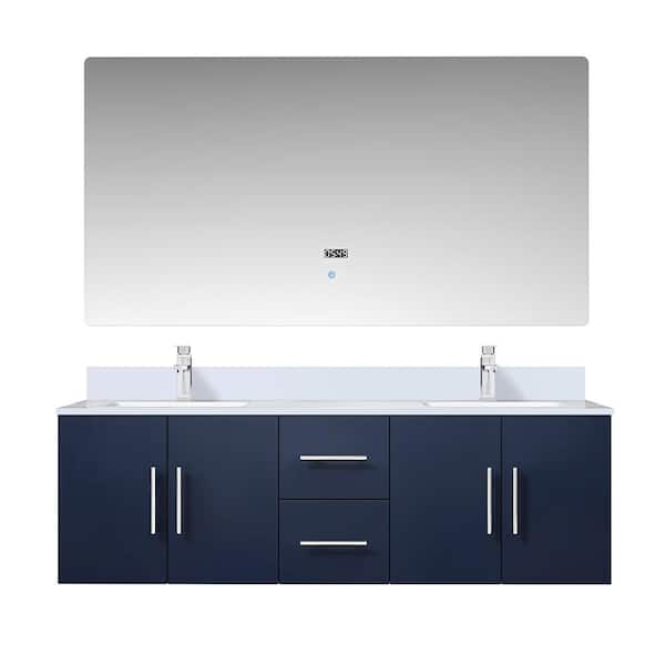 Geneva 60 in. W x 22 in. D Navy Blue Double Bath Vanity, Cultured Marble Top, Faucet Set, and 60 in. LED Mirror