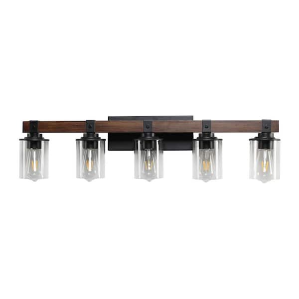 34.6 in. Farmhouse 5-Light Walnut Bathroom Vanity Light Vintage Wall Light in Bronze, Bulbs Not Included