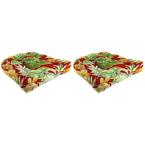 18 in. x 18 in. x 4 in. Beachcrest Poppy Red Floral Wicker French Edge Square Tufted Outdoor Chair Pad Cushions (2-Pack)