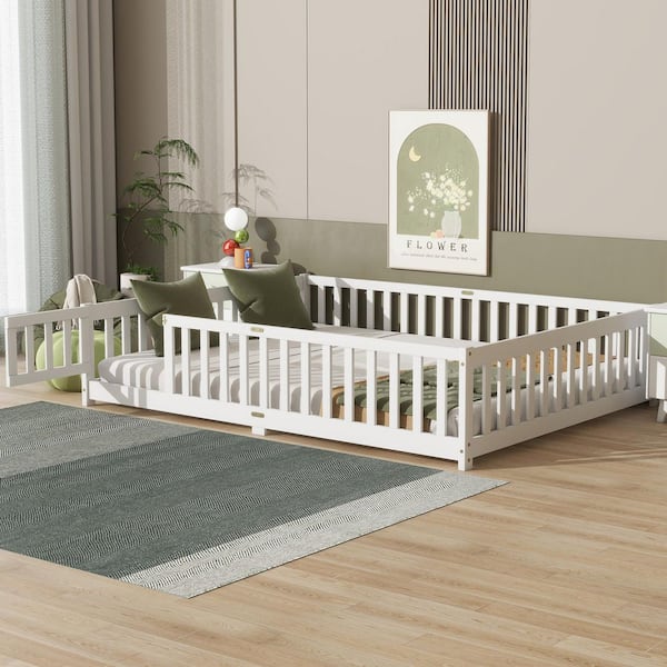 White Wood Frame Queen Size Platform Bed with Safety Guardrails and Door