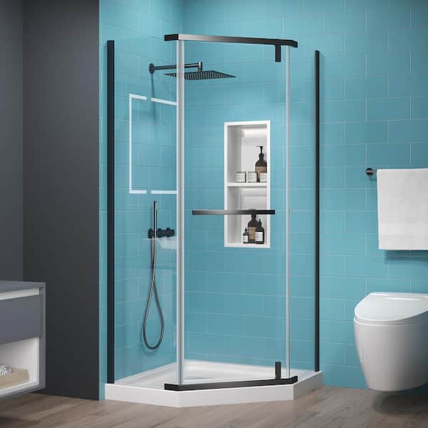 ES-DIY 36 in. W x 72 in. H Neo Angle Pivot Semi Frameless Corner Shower Enclosure in Black without Shower Base