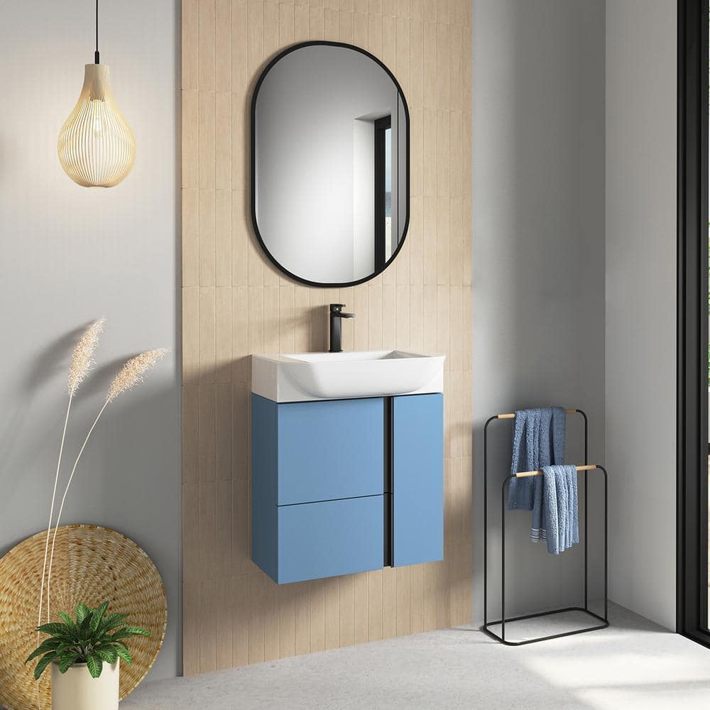 Camilia Island Matte Blue Single Wall-Mount Vanity with White Ceramic Sink