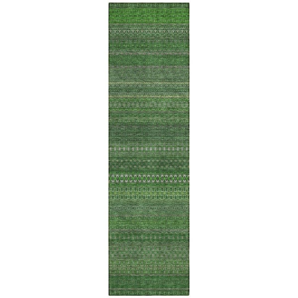 HomeRoots Fern Green 2 ft. x 8 ft. Woven Striped Polyester Runner Indoor / Outdoor Area Rug