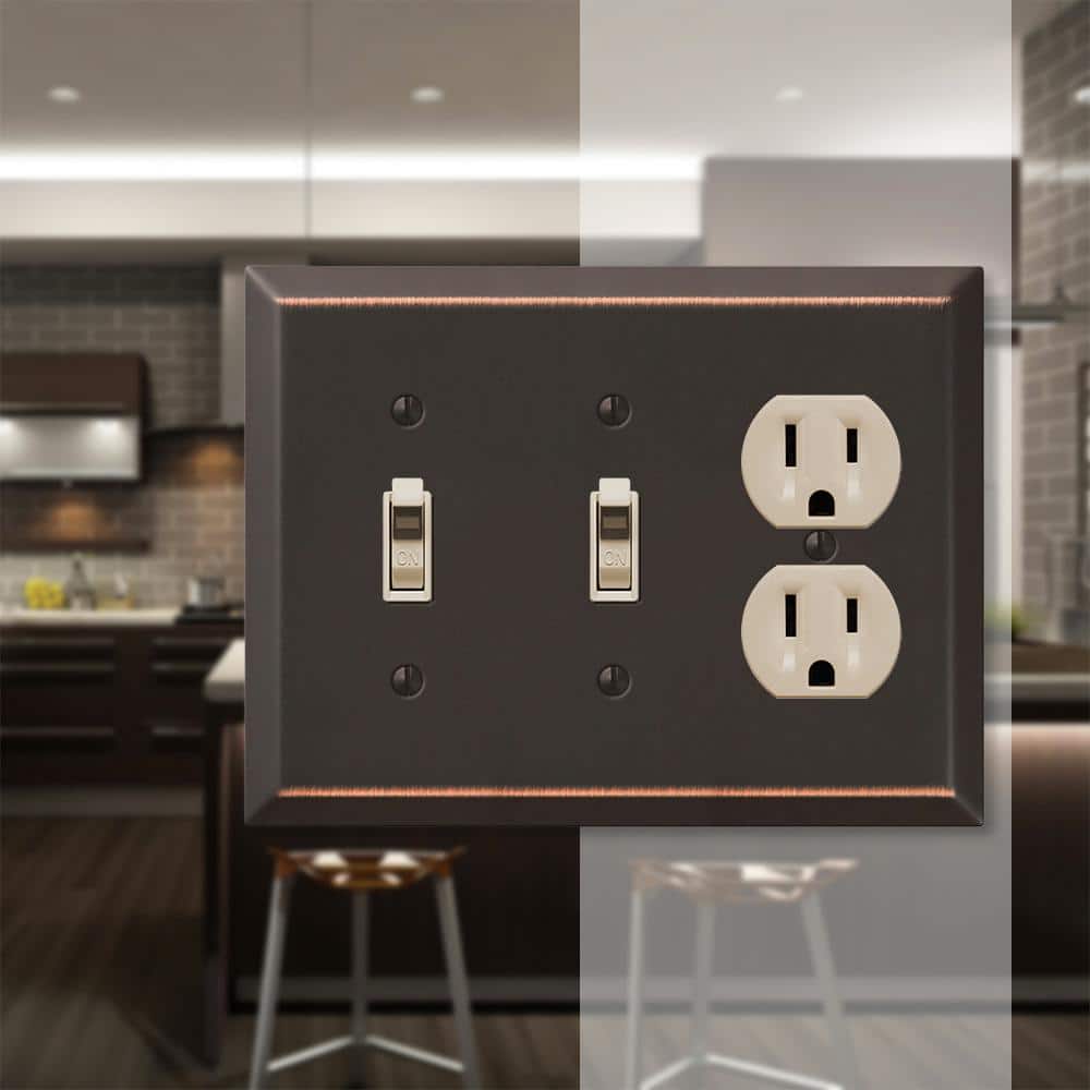 Aged Bronze Steel 3-Gang Wallplate with Double Toggle and Single Duplex