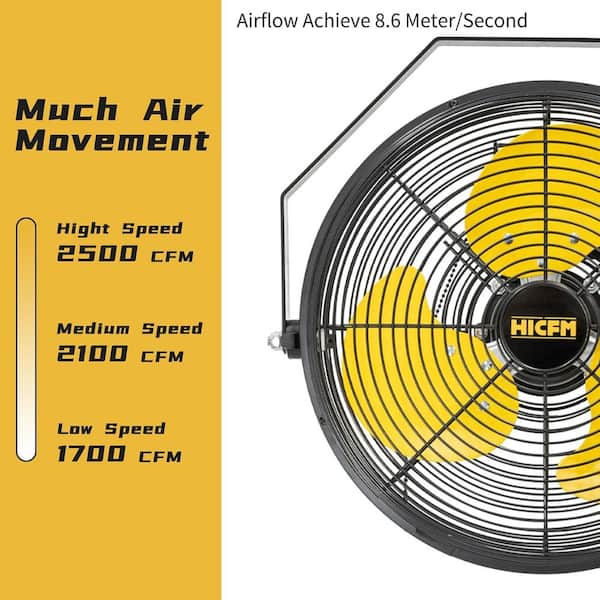 HiCFM 12 in. 2500 CFM Yellow Mounted Wall Fan, 3-Speed High Velocity, IP44 Motor for Garage, Barn, Warehouse Use