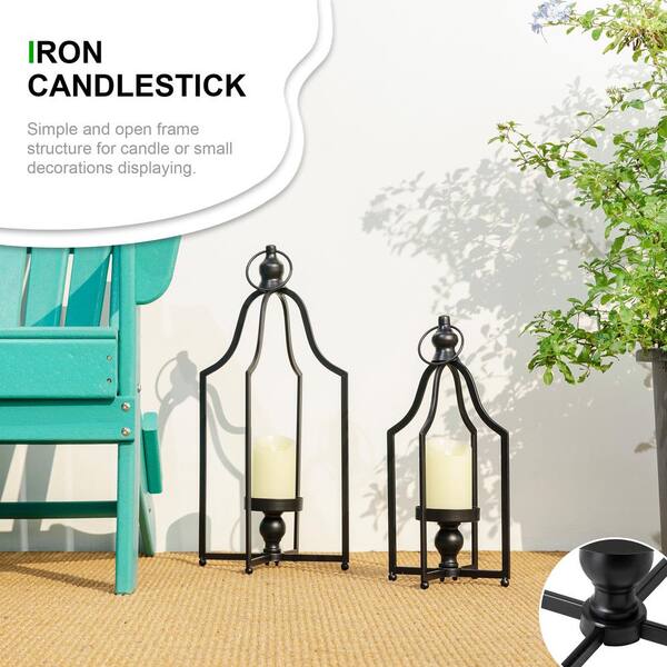 Glitzhome - Modern Farmhouse Black Metal Lantern KD (Set of 2)