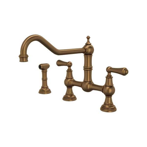 Edwardian Era Double Handle Bridge Kitchen Faucet with Side Spray in English Bronze