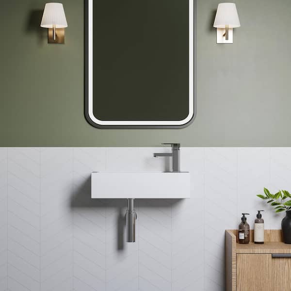 Right Hand White Ceramic Wall-Mounted Rectangle Vessel Sink Porcelain