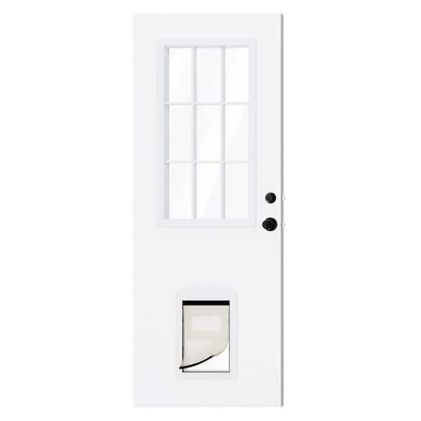 30 in. x 80 in. No Handing 9-Lite Clear Glass Primed Wood Front Door Slab with Built-in Pet Door, Ball Knob and Deadbolt