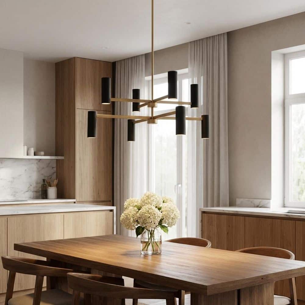 Zentro 36 in. W x 15.63 in. H 8-Light Satin Brass Chandelier with Metal Shades, No Bulbs Included price history on PriceWatchPro