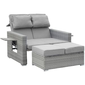 2-Piece Wicker Outdoor Chaise Lounge with Gray Cushions and Coffee Table Set with Built-in Storage Bin