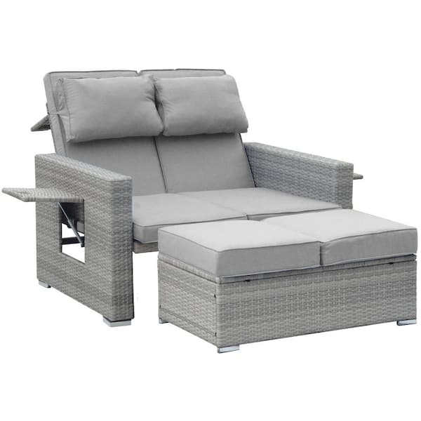 Zeus & Ruta 2-Piece Wicker Outdoor Chaise Lounge with Gray Cushions and Coffee Table Set with Built-in Storage Bin