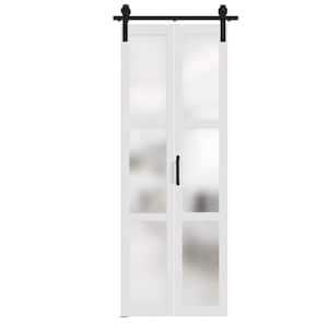 30 in. x 84 in. White, Finished, MDF, Frosted Glass, 3-Glass Panel Barn Door Slab All Hardware Waterproof PVC Surface