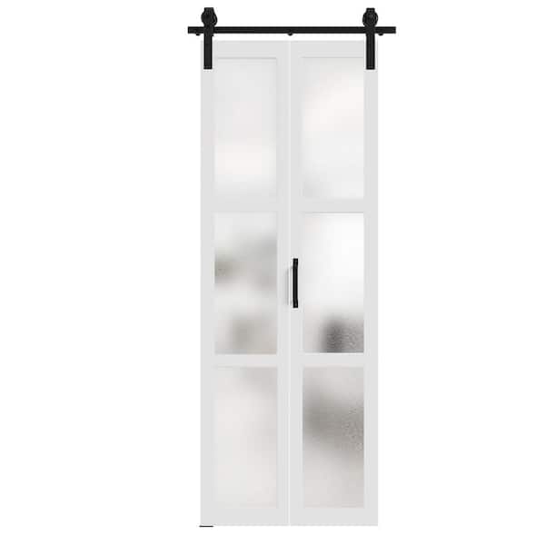 TENONER 30 in. x 84 in. White, Finished, MDF, Frosted Glass, 3-Glass Panel Barn Door Slab All Hardware Waterproof PVC Surface