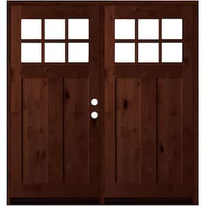 64 in. x 80 in. Knotty Alder Left-Hand/Inswing Double 6-Lite Clear Glass Red Mahogany Stain Wood Prehung Front Door