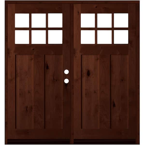Krosswood Doors 64 in. x 80 in. Knotty Alder Left-Hand/Inswing Double 6-Lite Clear Glass Red Mahogany Stain Wood Prehung Front Door