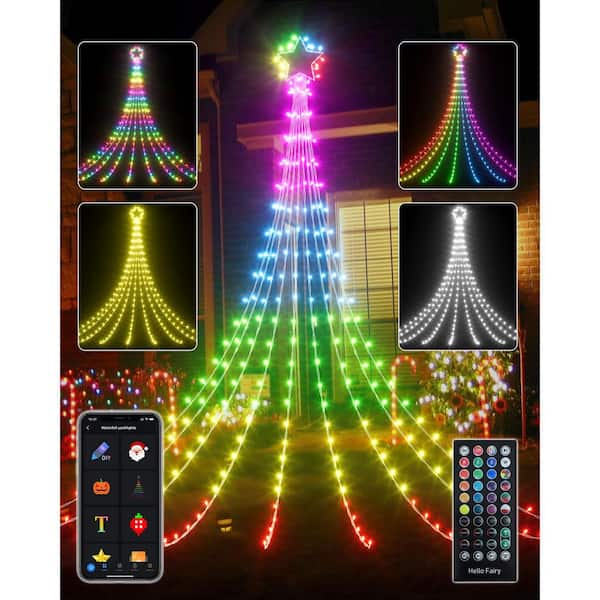 AVATAR CONTROLS Outdoor Christmas Smart Star Waterfall Lights 23 ft. 355 LED Tree String Light App Control Color Changing Music Timer