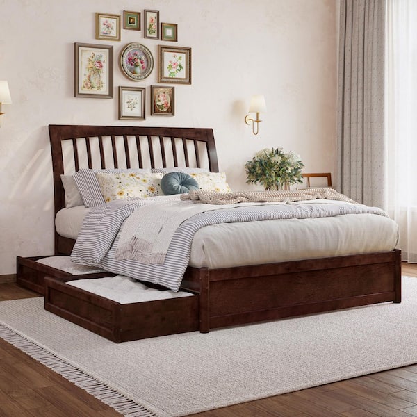 Roslyn Walnut Brown Solid Wood Frame Full Platform Bed with Panel Footboard and Storage Drawers