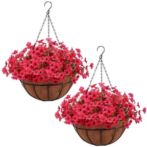 21 in. Rose Red Artificial Hanging Flowers in Basket, 2-Pack