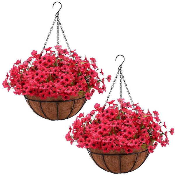 Unbranded 21 in. Rose Red Artificial Hanging Flowers in Basket, 2-Pack