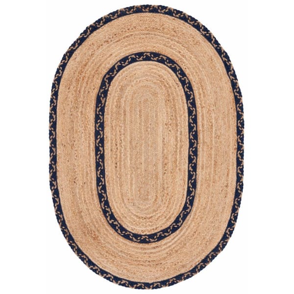 SAFAVIEH Natural Fiber Beige/Navy 4 ft. x 6 ft. Border Woven Oval Area Rug