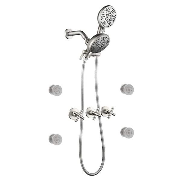 FLG Triple Handle 7-Spray Wall Mounted Shower Faucet 1.8 GPM with Ceramic Disc Valves and Body Jets in. Brushed Nickel
