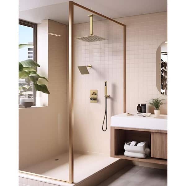 Multiple Press 7-Spray Ceiling Mount Anti Scald 12 in. Fixed and Handheld Shower Head in Brushed Gold Valve Included