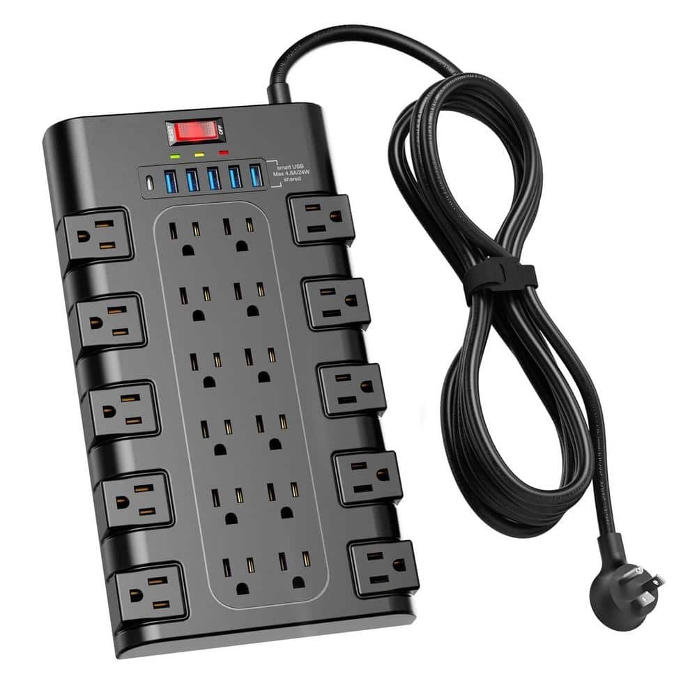 10 ft. 22-Outlet Power Strip Surge Protector 6 USB Charging Ports 1875W/15A
