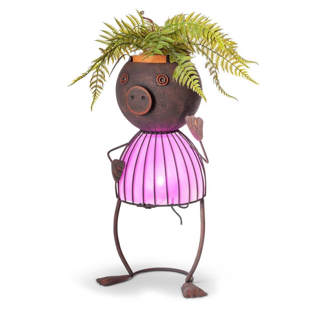 Pink Metal Solar Lighted Pig Planter with LED