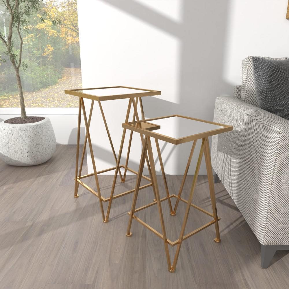 Sleek Gold Metal and Mirrored Glass Square Accent Table Set
