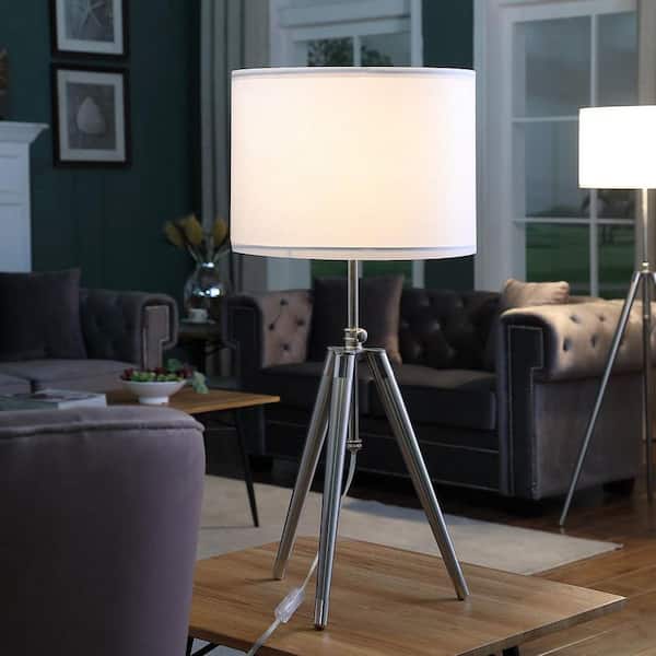 Borealis 34 in. Chrome Modern Adjustable Tripod Table Lamp with White Linen Shade