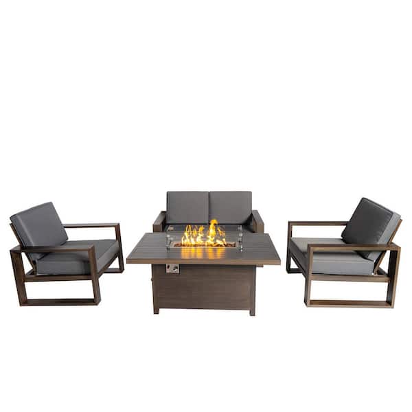 PATIOPTION Aluminum Patio Conversation Set with Gray Cushions and 55.12 in Fire Pit Table Sofa Set - 2 Armchair plus Loveseat