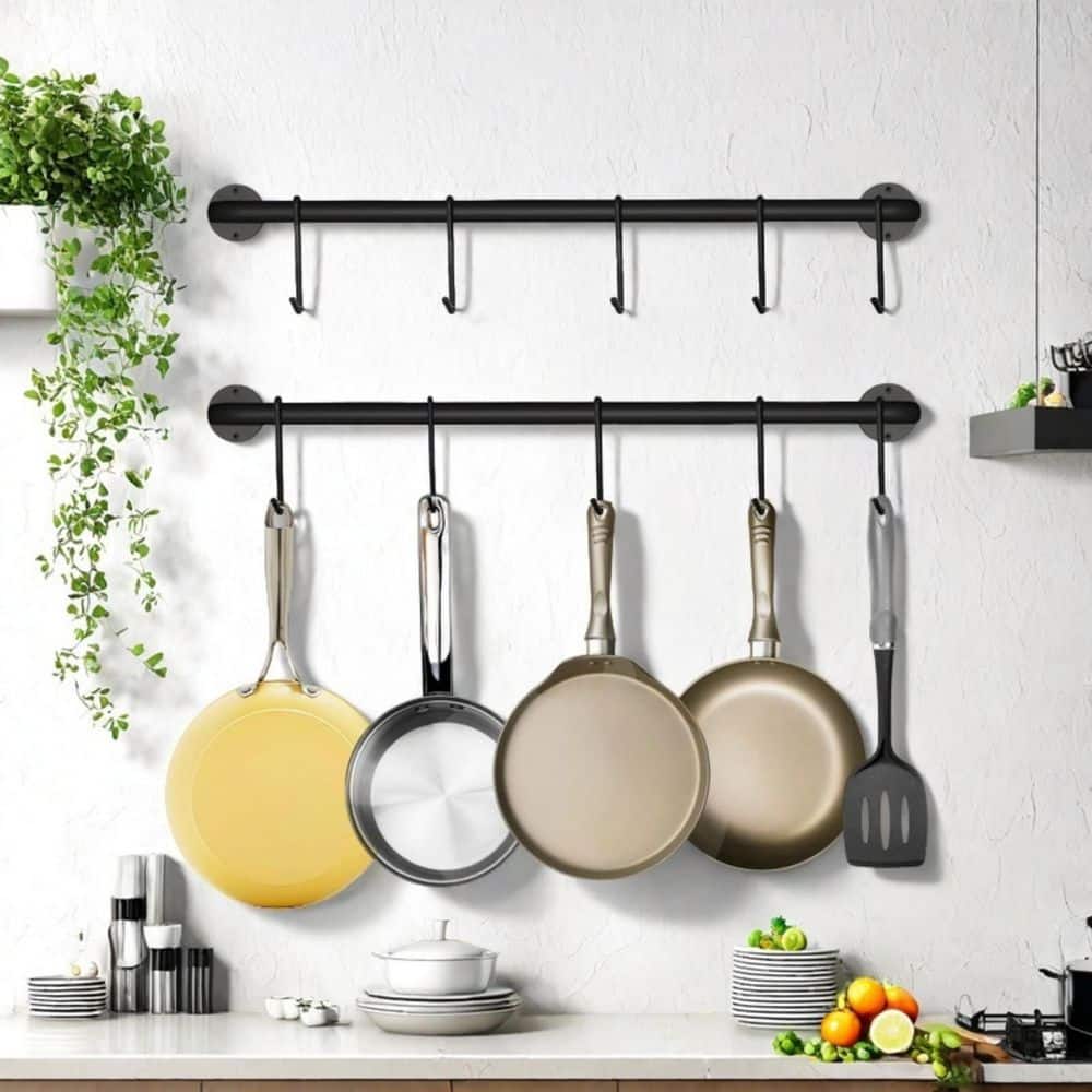 Pot Rack Rail Numhew 2-Pack 16.5 in. Black Hanging Pot Rack Rail with 10 S Hooks ...