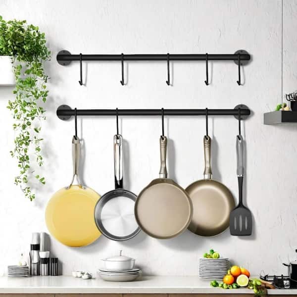 Numhew 2-Pack 16.5 in. Black Hanging Pot Rack Rail with 10 S Hooks, Wall Mounted Pan Pot Hanger