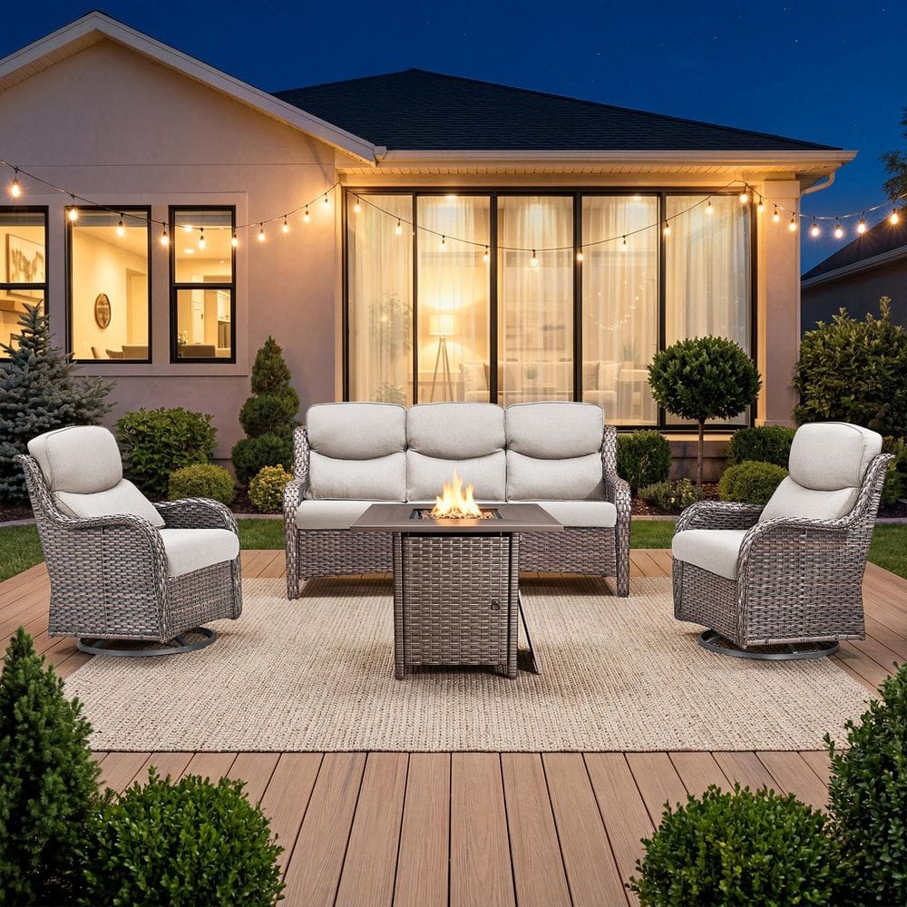 Sialion 4-Piece Wicker Patio Conversation Set with Fire Pit, Outdoor Glider Furniture Sets with 5 in. Cushions in Beige price history on PriceWatchPro