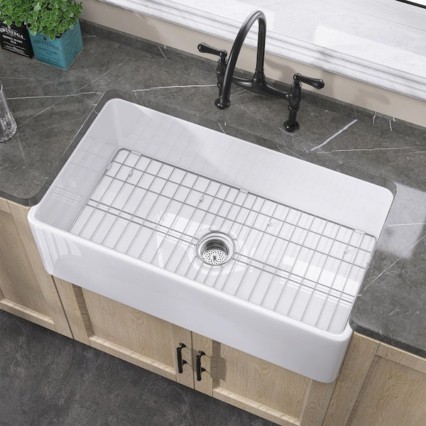 Getpro 33 in. Apron Front Kitchen Sink Single Bowl White Rectangular Fireclay Farmhouse Kitchen Sink with Bottom Grid Strainer
