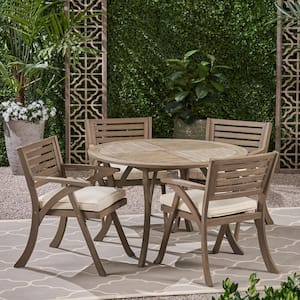 Hermosa Grey 5-Piece Acacia Wood Round Table Outdoor Patio Dining Set with Cream Cushions