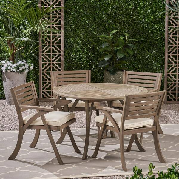 Noble House Hermosa Grey 5-Piece Acacia Wood Round Table Outdoor Patio ...