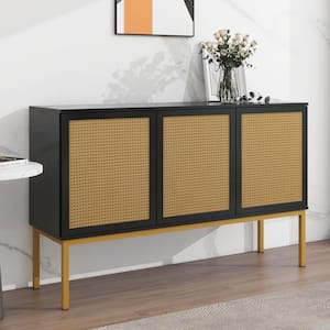 Black MDF 53.9 in. Sideboard with Adjustable Shelves and 3-Rattan Doors