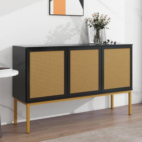 Harper & Bright Designs Black MDF 53.9 in. Sideboard with Adjustable Shelves and 3-Rattan Doors